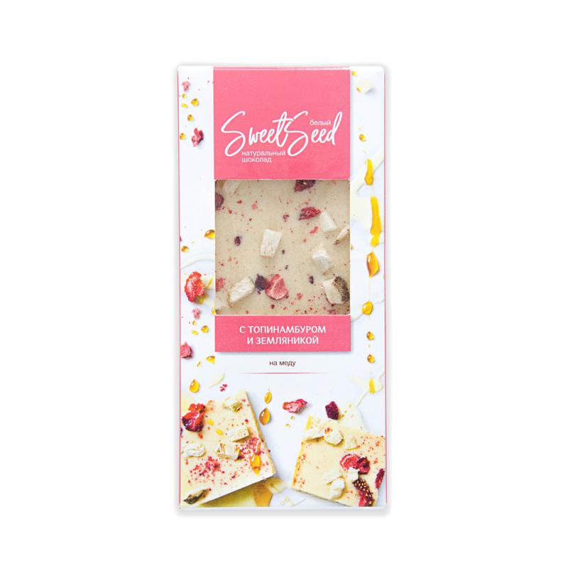 ШОКОЛАД БЕЛЫЙ НА МЕДУ С ЗЕМЛЯНИКОЙ И ТОПИНАМБУРОМ 40 ГР