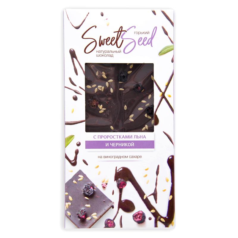 ШОКОЛАД ГОРЬКИЙ НА ВИНОГРАДНОМ САХАРЕ С ПРОРОСТКАМИ БЕЛОГО ЛЬНА И ЧЕРНИКОЙ 40 ГР