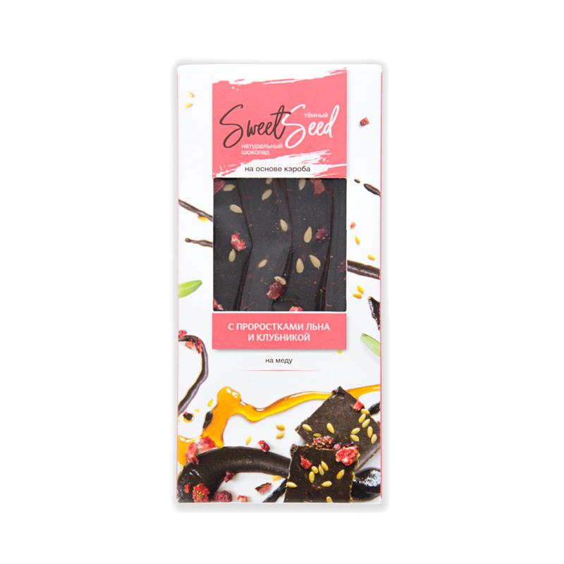 ШОКОЛАД ТЕМНЫЙ НА МЕДУ НА ОСНОВЕ КЭРОБА С КЛУБНИКОЙ И ПРОРОСТКАМИ БЕЛОГО ЛЬНА 40 ГР