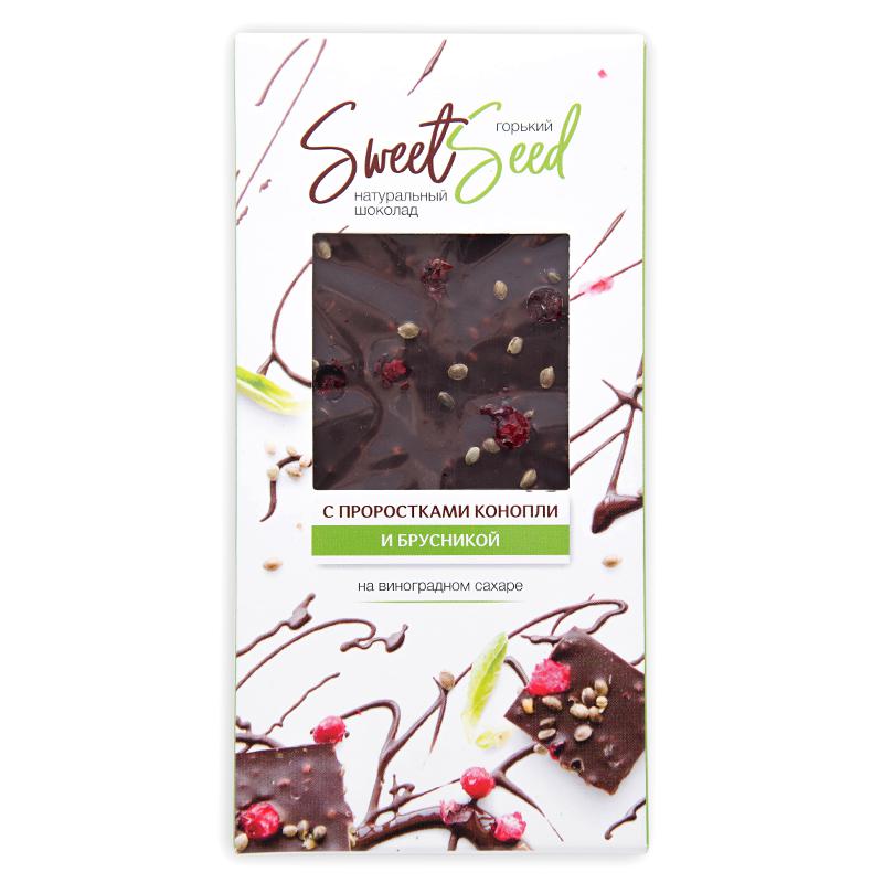 ШОКОЛАД ГОРЬКИЙ НА ВИНОГРАДНОМ САХАРЕ С ПРОРОСТКАМИ КОНОПЛИ И БРУСНИКОЙ 40 ГР