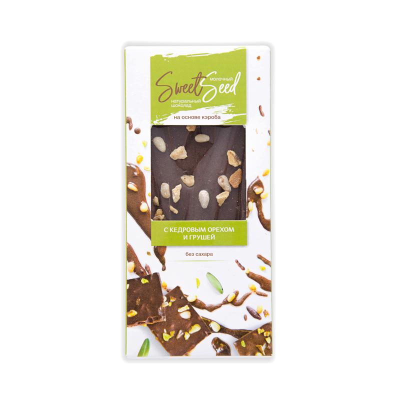 ШОКОЛАД МОЛОЧНЫЙ НА ОСНОВЕ КЭРОБА С ГРУШЕЙ И КЕДРОВЫМ ОРЕХОМ 40 ГР